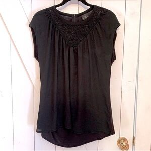 Black Semi Sheer Silky Polyester and Lace V-Neck Zip Back Detail Blouse